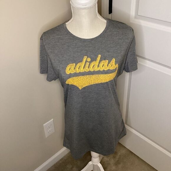 Ladies Adidas script‎ short sleeved tee Gray / Yellow Large - Picture 1 of 4
